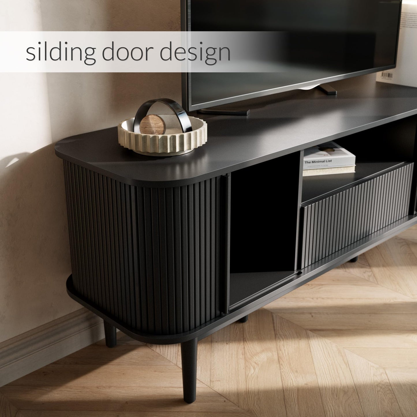 Furniway Modern TV Stand for 45/55/70 inch TV, Entertainment Center with Sliding Doors and Storage, Wood TV Stand for Bedroom, Living Room, Black