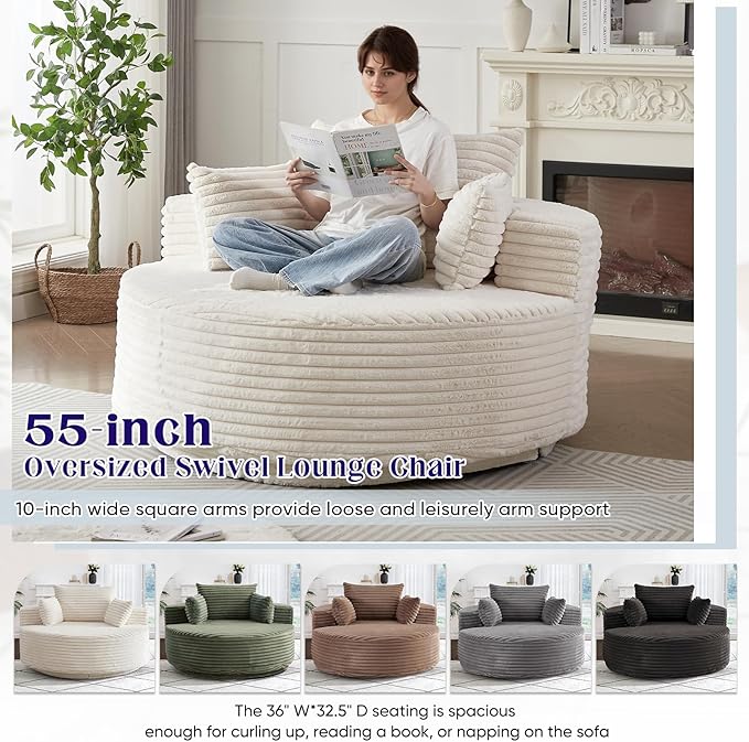 360-Degree Oversized Swivel Chair, Modern Round Circle Corduroy Comfy Deep Seat Swivel Accent Chaise Lounge Sofa Chair with Back Cushion & 2 Throw Pillows for Living Room Bedroom Office, Beige