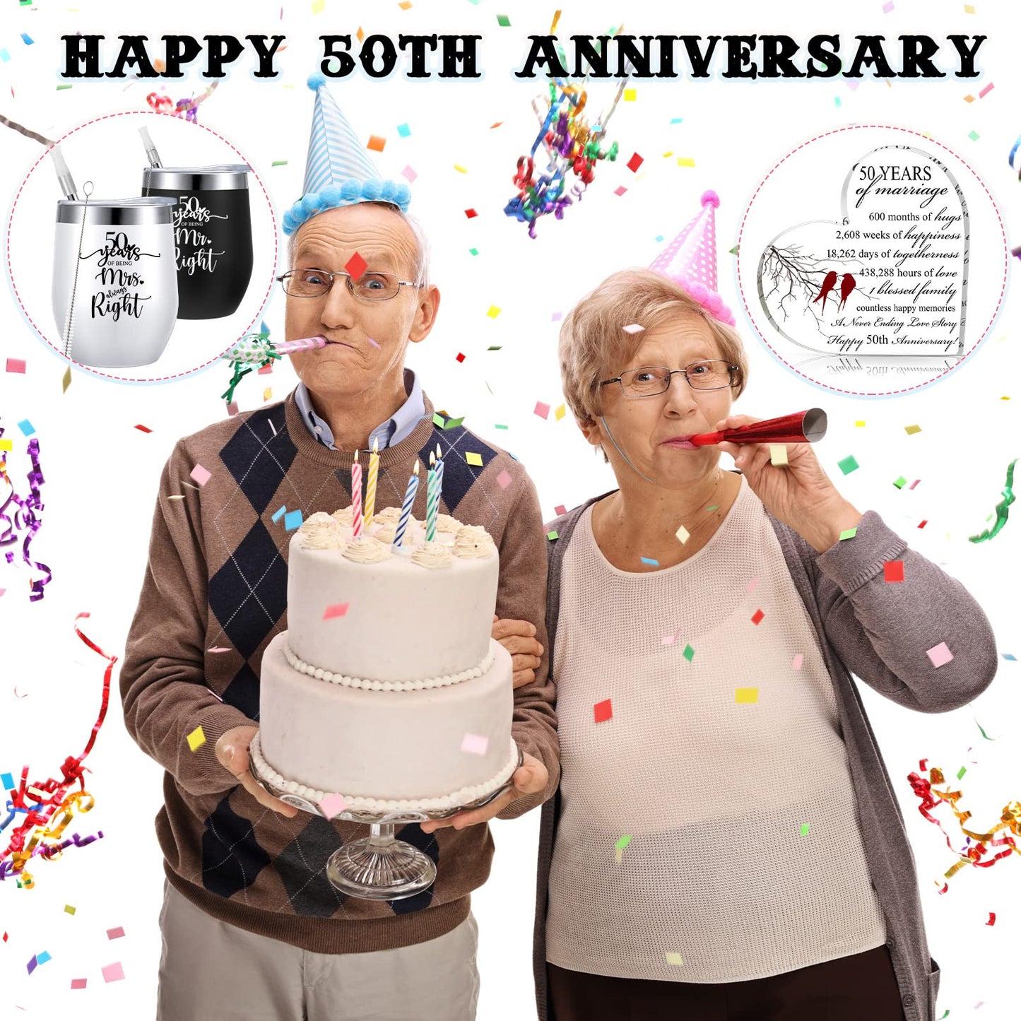 3 Pcs 50th Anniversary Wedding Gifts for Couple Parents Husband Wife Golden Wedding 50th Years of Marriage Heart Keepsake 2 Pcs Insulated Mr and Mrs Wine Glasses Grandparents Gifts from Grandkids