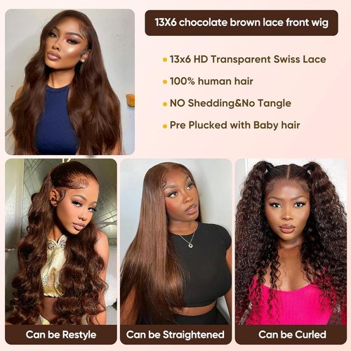 Chocolate Brown Lace Front Wigs human hair Pre Plucked with Baby Hair, 13x6 HD Body Wave Brown Lace Frontal Wigs Human Hair, 180 Density Colored Glueless Brown Wig Human Hair for Women 26inch