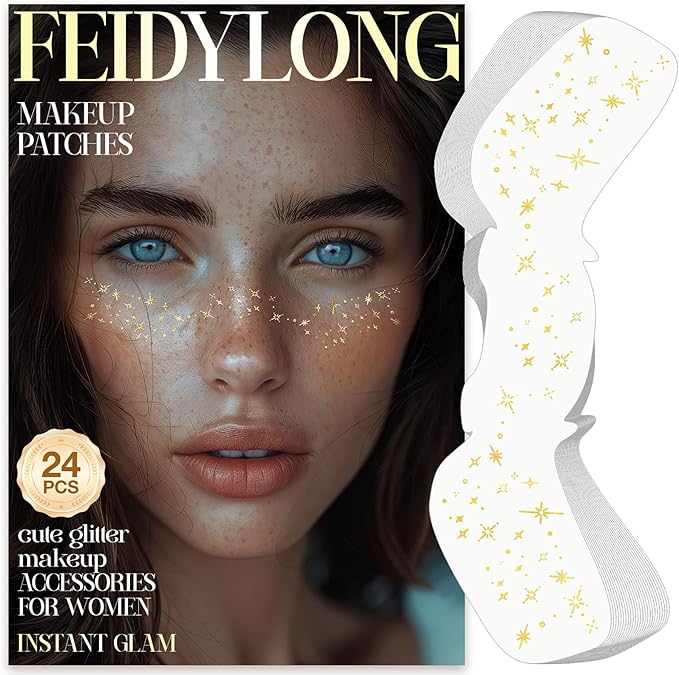 FeidyLong Glitter Freckles, 24 PCS Gold Face Glitter Makeup Accessories, Face Glitter Tattoos Makeup Patches for Women, Fa...