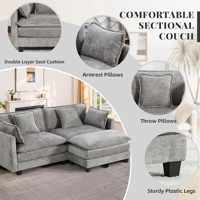 SoarFlash Chenille 77.95" Sectional Sofa, Comfy L Shaped Modular Coush Sofa with Ottoman, Modern 2 Seat Couch Deep Seat Sofa Set for Living Room,Grey