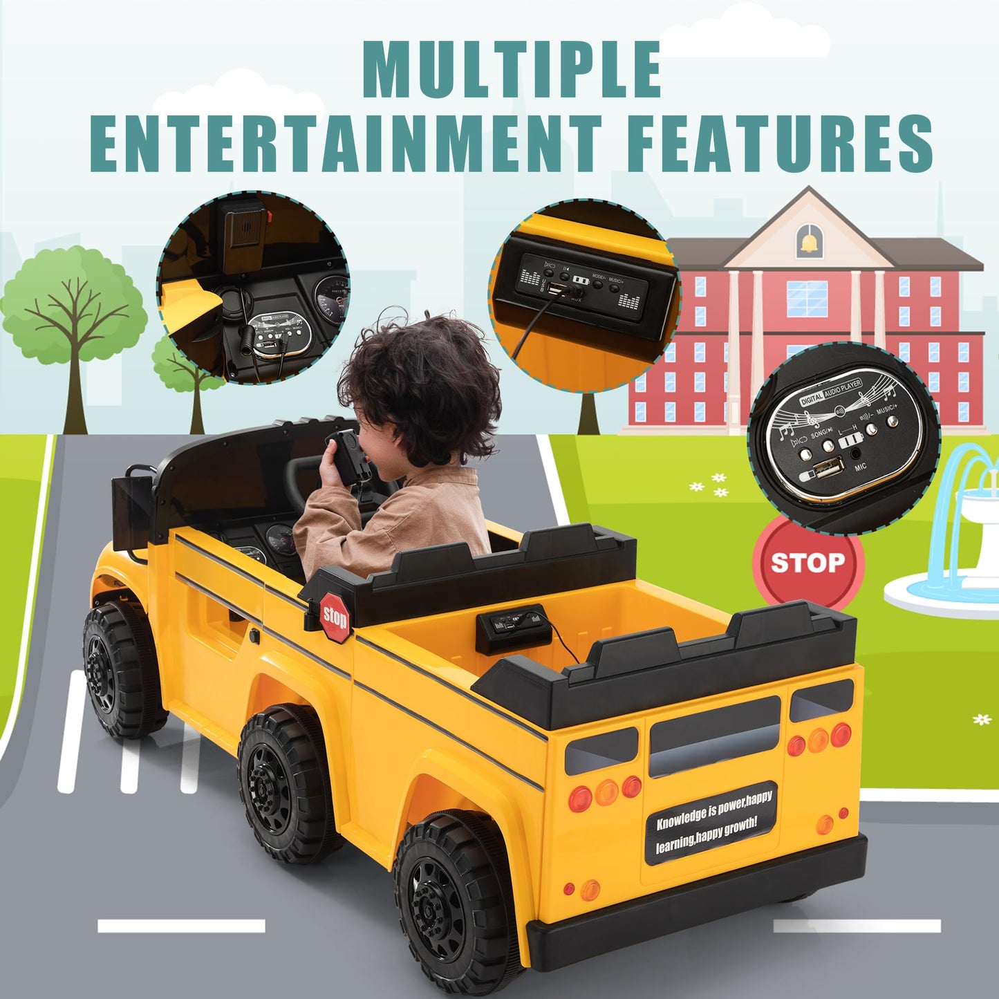 TOBBI 2 Seater Kids Eletric Ride on School Bus Toy, 35W-4WD Battery Powered Car with Remote Control/6 Wheels/Horn/LED/Music for Toddlers 3-8 Years, Yellow