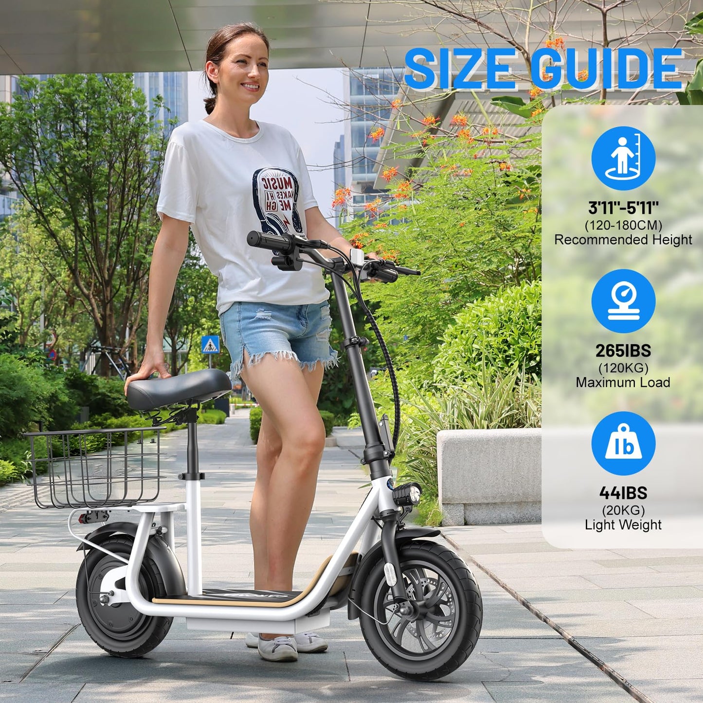 Caroma Peak 1200W Electric Scooter with Seat, Electric Scooter Adults with 12" Shock-Absorbing Tires, 500Wh Battery up to 30 Miles&20MPH, Foldable Electric Bike with Seat for Commuting(White)