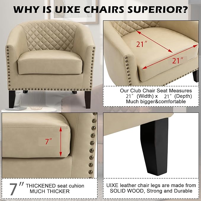 UIXE Faux Leather Barrel Accent Chairs Set of 6, Modern Club Upholstered Arm Chair, Comfy Armchair Nailed Trim Living Room Single Sofa Reading Seat Bedroom Side Sitting for Office, Beige