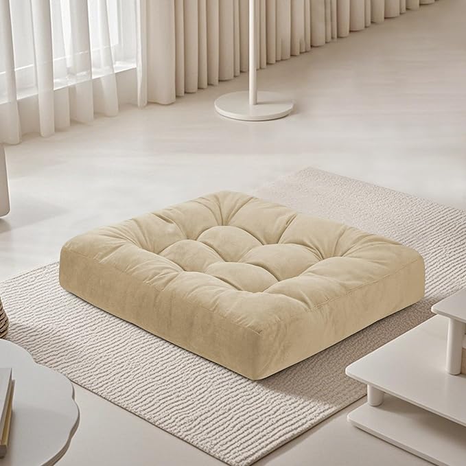 FlyGulls Meditation Floor Pillow 22×22 Inch 1 Pack Large Floor Cushions for Adults Square Tufted Corduroy Floor Pillows for Yoga Living Tatami Room Beige