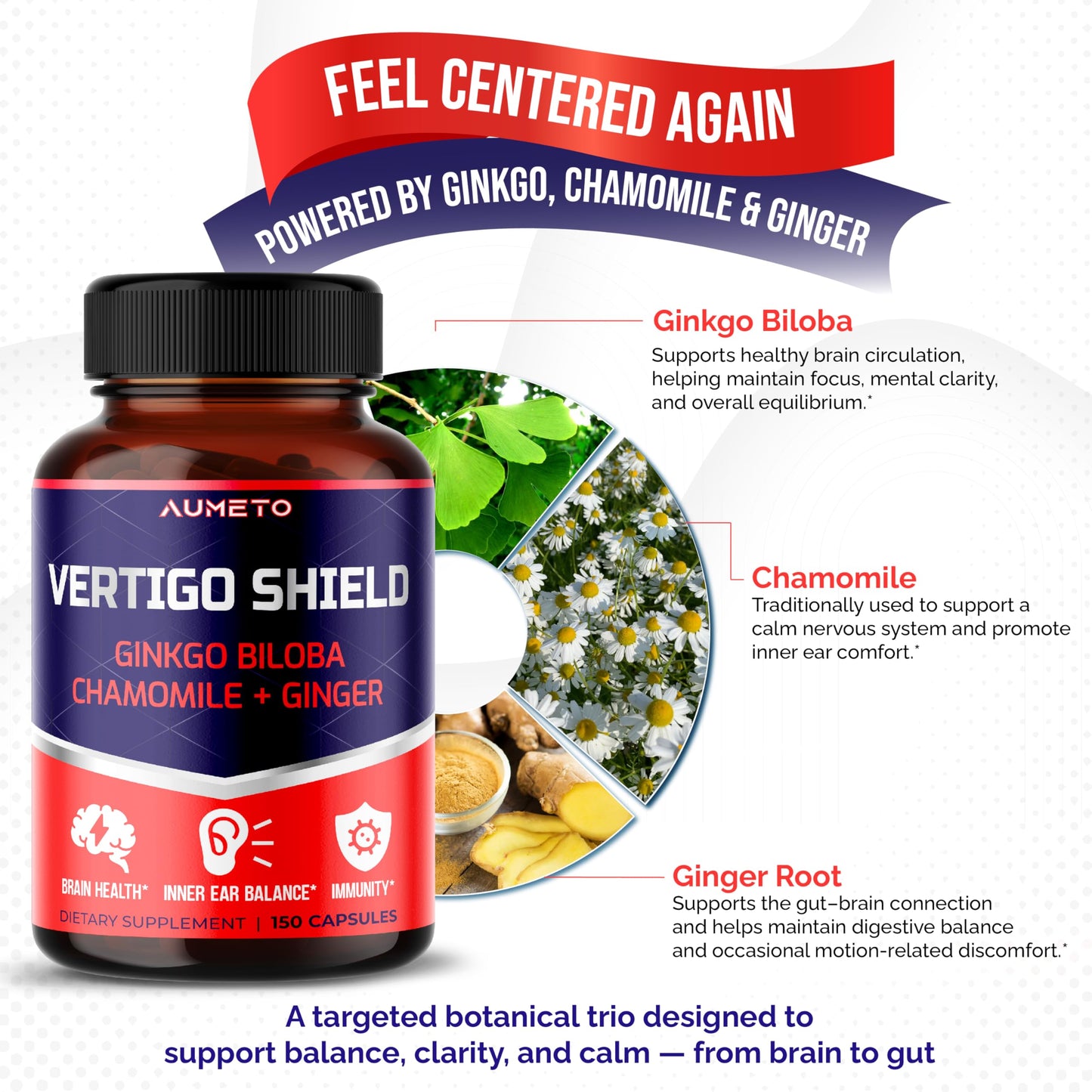AUMETO Vertigo Support Complex with Ginkgo Biloba, Chamomile, Ginger, Vitamin D3, B12 - Advanced 14-in-1 Formula for Spinning Dizziness Inner Ear Balance*