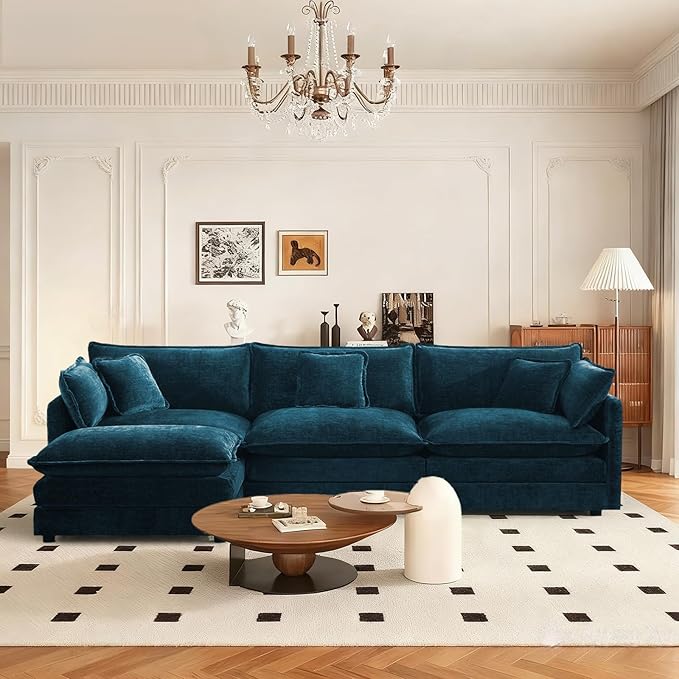 SoarFlash Chenille Sectional Sofa, Comfy L Shaped Modular Coush Sofa with Ottoman, Modern 3 Seat Couch Deep Seat Sofa Set for Living Room,Deep Blue