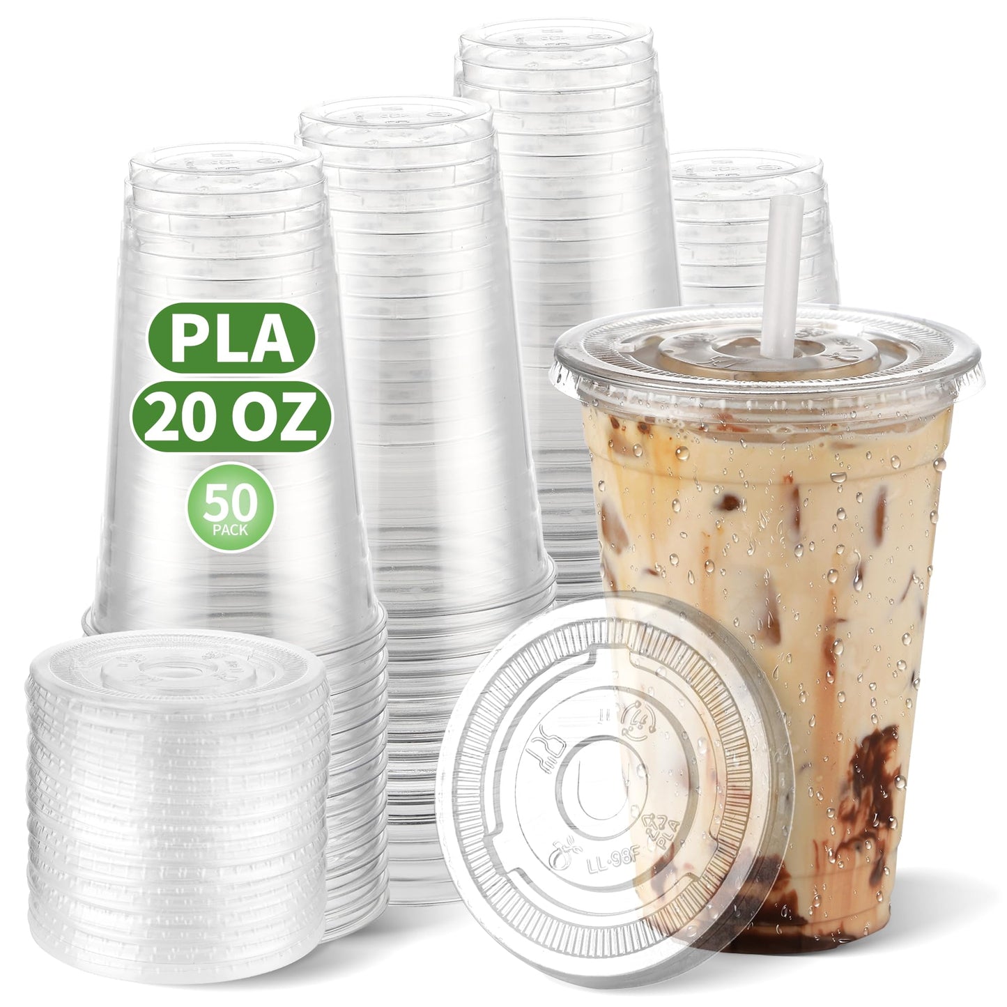 CCWOFF PLA 20 OZ Compostable Clear Plastic Disposable Iced Coffee Cups with Flat Lids, Biodegradable Cold Drinking To Go Coffee Cups for Party, Smoothie, Boba Tea, Slushy, Milkshake 50 Sets