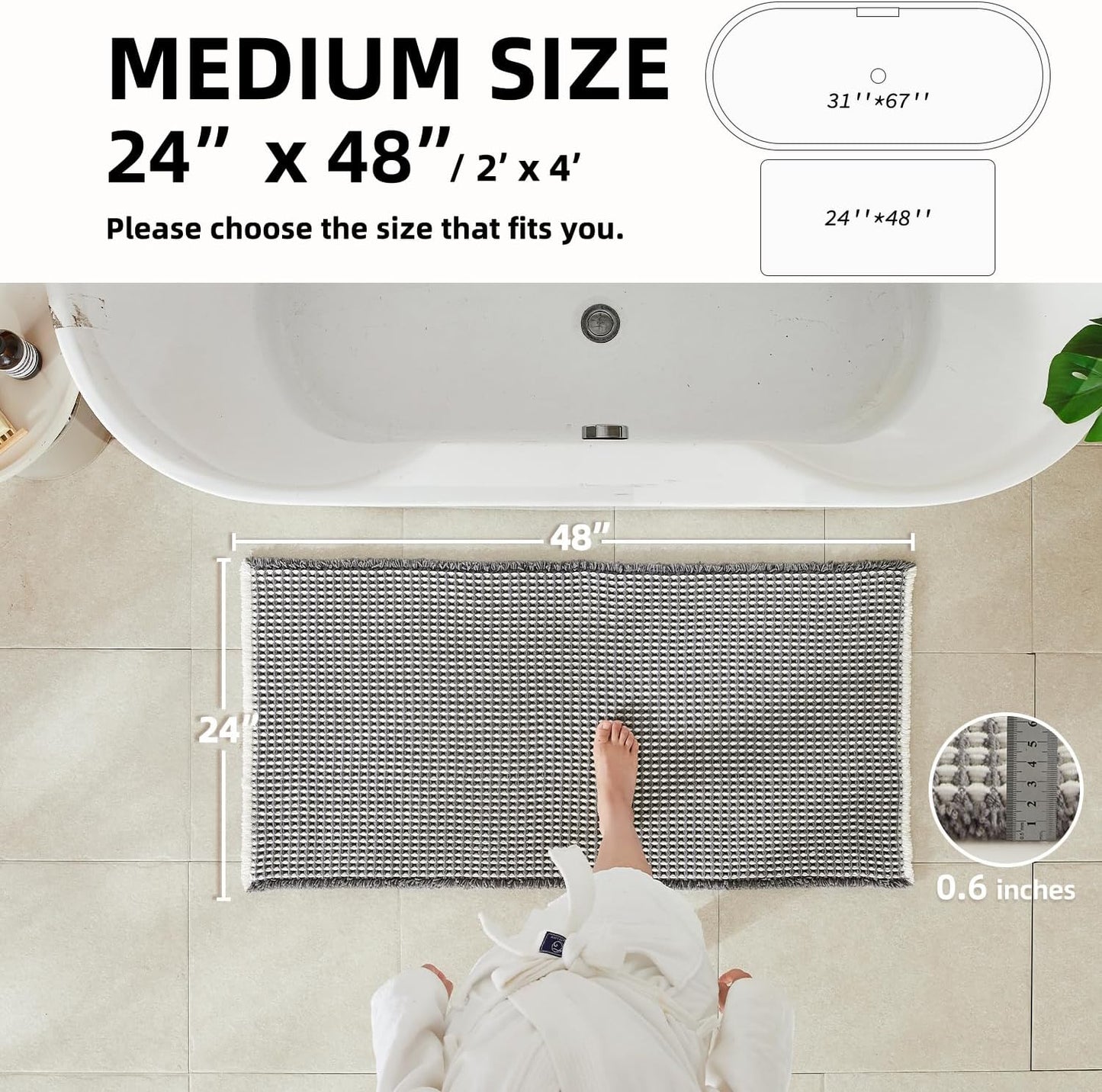 Waffle Bath Mat, Boho Bathroom Rugs Non Slip Washable Super Absorbent Quick Dry Bath Mat Farmhouse Bathroom Decor, 48"x24" Grey and White