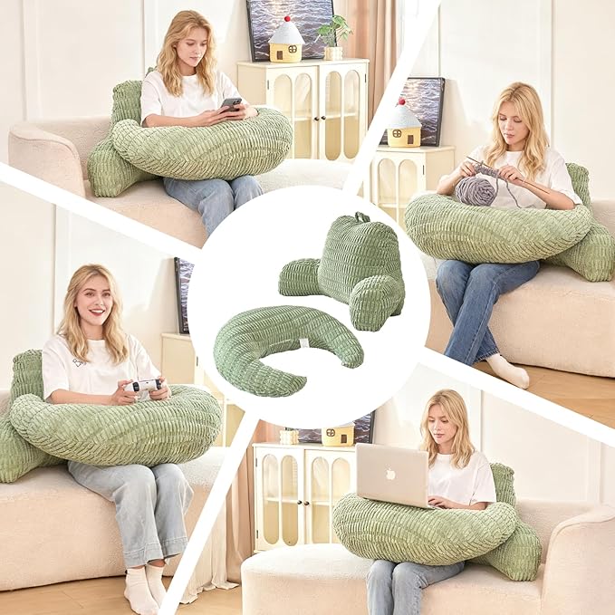 PAJEO Back Pillow for Bed Sitting Up,U Shaped & Back Support Pillow for Bed,19" Backrest with Lumbar & Arm Support,Comfy Corduroy Fabric,Lap Pillow for Gaming/Reading/Watching TV,Green