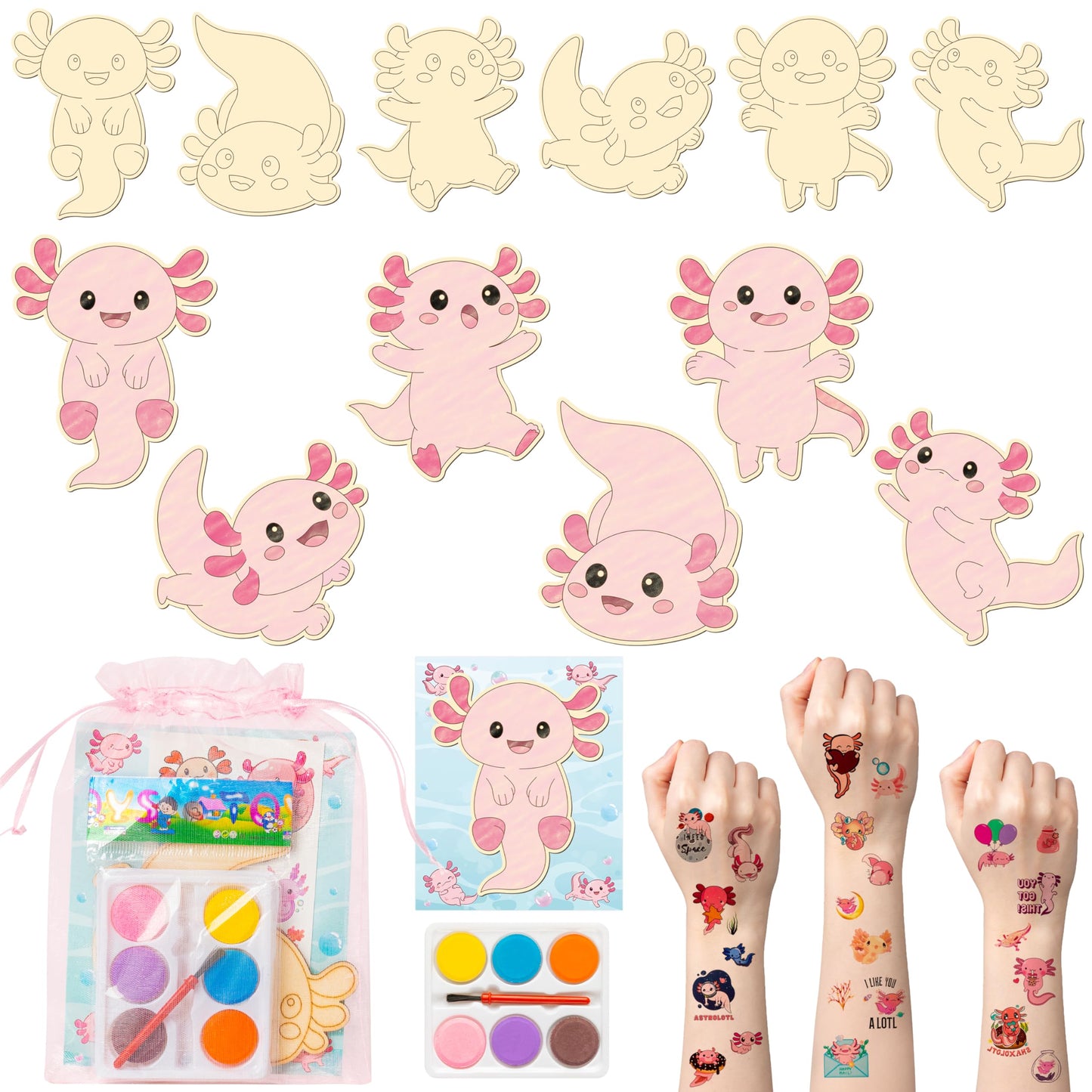 BeYumi Axolotl Party Favors Set - 24Pcs Axolotl Birthday Party Supplies Tattoo Stickers and Watercolor Paint Craft Kit Birthday School Classroom Goodie Bags Stuffers Prize Gifts for Kids Girls Toddler
