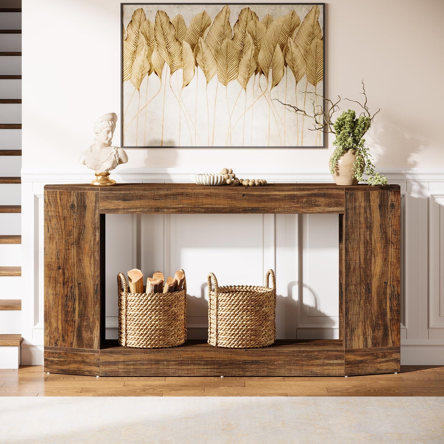 Tribesigns 63" Light Wood Console Table with LED, Sofa Table Behind Couch, Entryway Hallway Foyer Display, Long Narrow Design for Living Room (1, Brown)