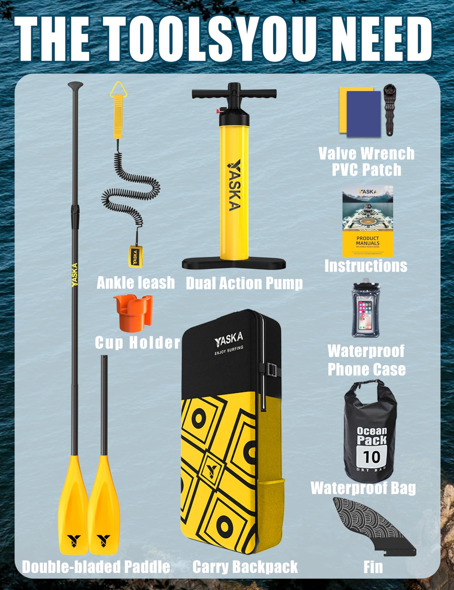 YASKA Inflatable Stand up Paddle Board 11ft with Cup Holder SUP Accessories,Extra Wide Design Non-Slip Paddleboard for Beginner Adults Advenor Yoga Fishing