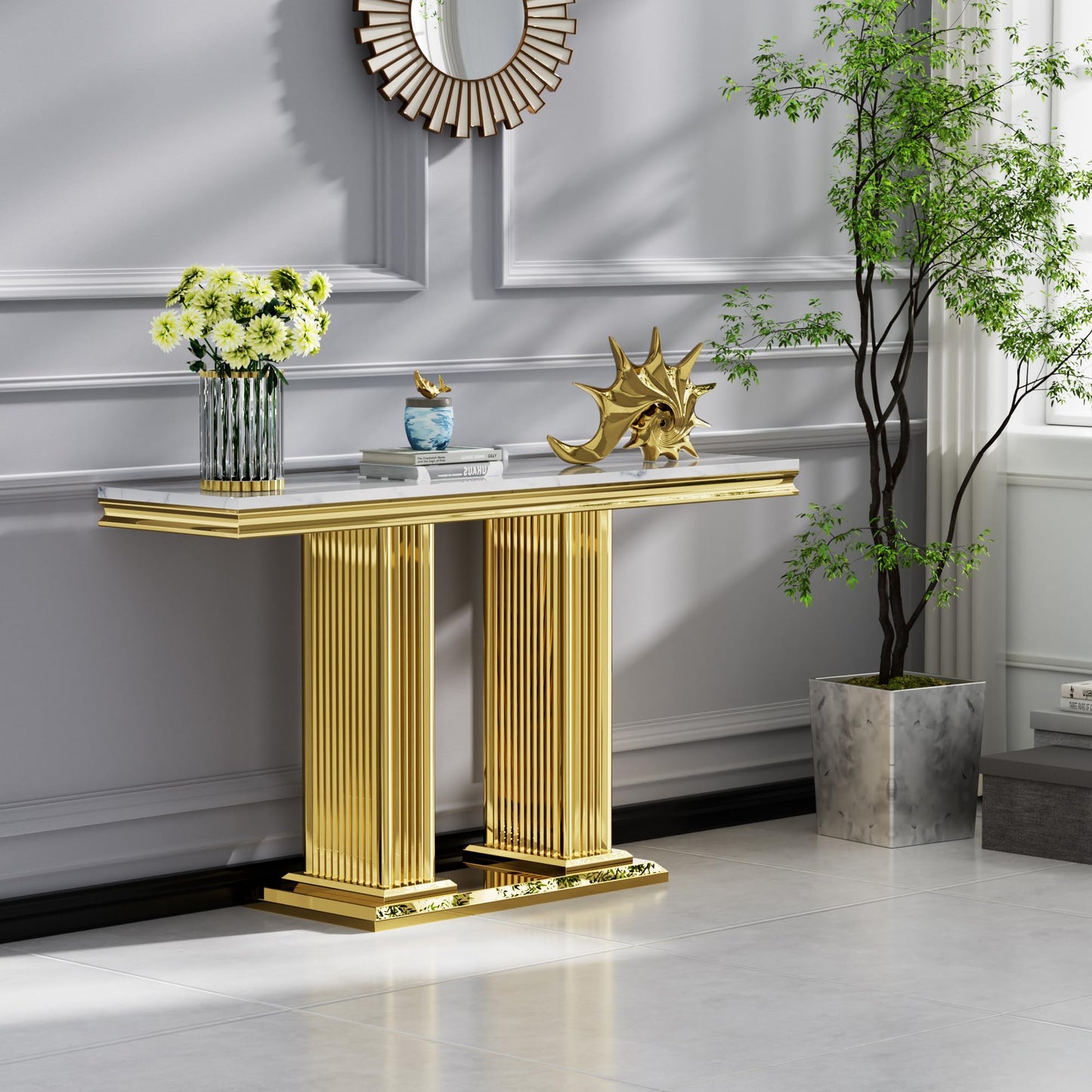 HomVent 47" Console Table, Narrow Entryway Table, Living Room Side Table, Hallway Table, Faux Marble Entry Table with Mirrored Stainless Steel Base