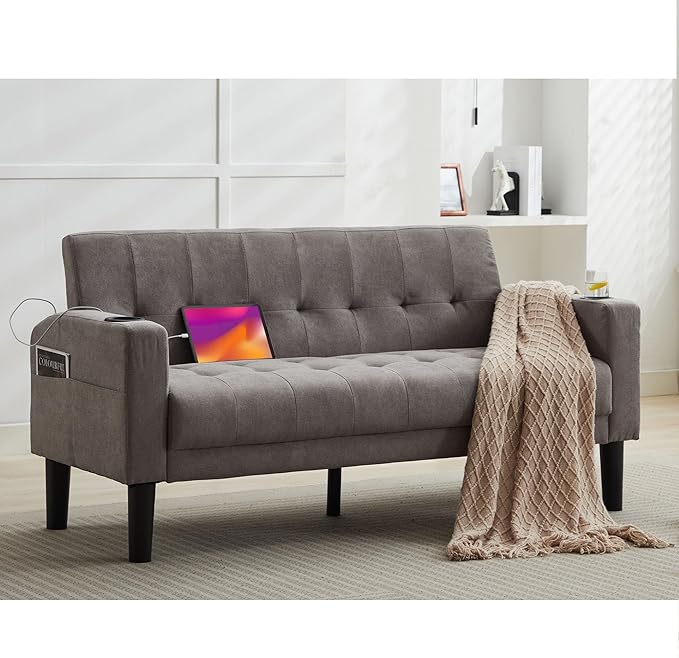 TYBOATLE Sofa Couch 62" W Loveseat w/ 2 USB Charger Ports & 2 Cupholders, Mid-Century Modern Tufted Small Love Seat Couches for Office,Compact Living Room,Bedroom,Apartment,Dorm(Light Grey)