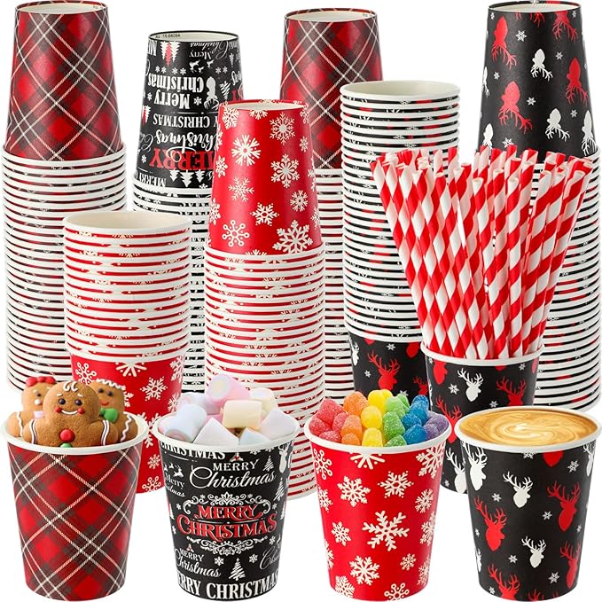 FoldTier 120 Set 9 oz Christmas Hot Cocoa Paper Cups Bulk Disposable Paper Coffee Tea Cups with Straws Christmas Hot Choco...