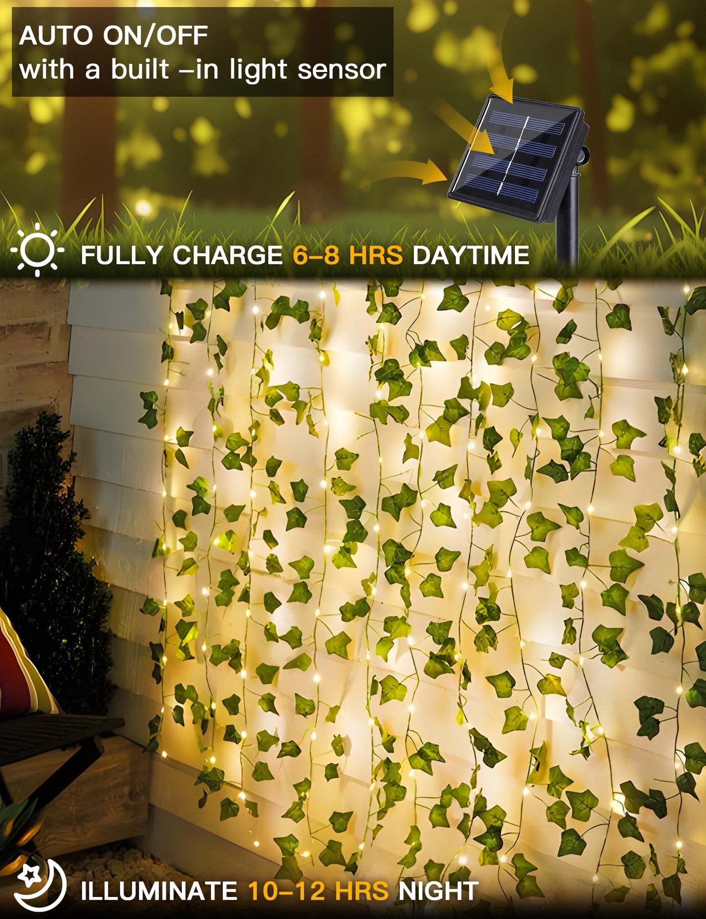 suddus Solar Fairy Lights with Vine, 33ft 100 Led Ivy Solar String Light Outdoor Waterproof, 8 Modes Leaf Lights for Balcony, Yard, Patio, Garden, Fence (Warm White)