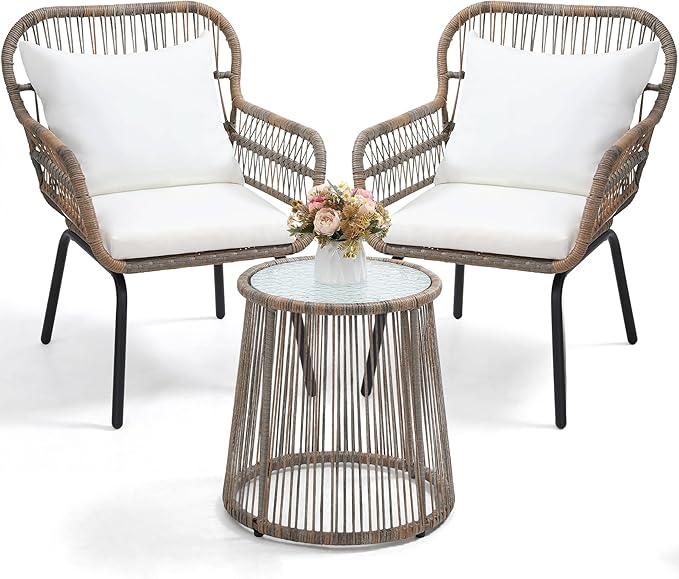 wildformers 3 Pieces Rattan Wicker Bistro Set, Outdoor Conversation Set, Wicker Furniture Set with Glass Top Table, Space Saving for Balcony, Backyard, Natural