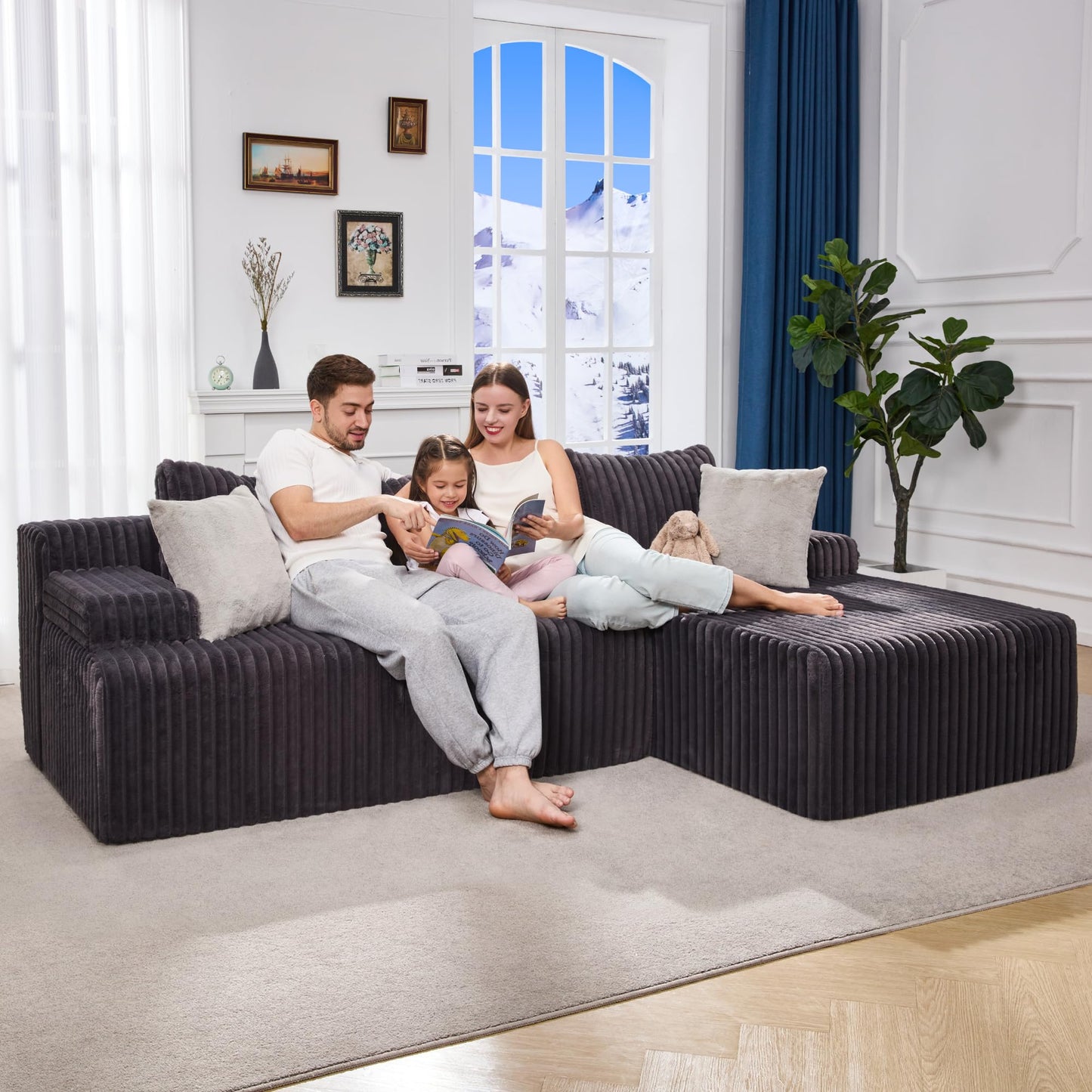 Modular Sectional Sofa Couches L-Shape Couch 3 Seat Modular Sofa Memory Foam Sectional Couches for Living Room, Cloud Couch with Oversized Chaise (Grey, Stripe (Right Facing Chaise))