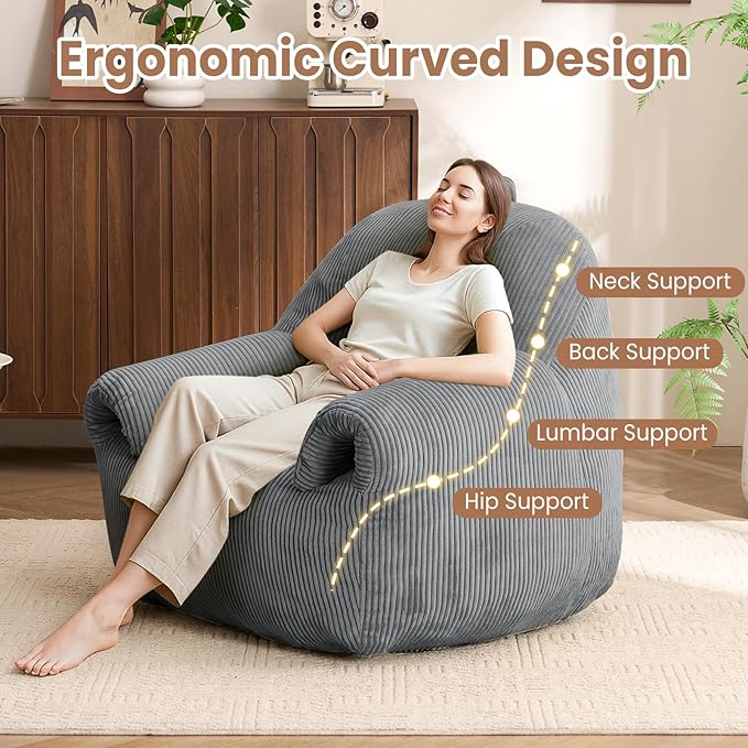 Peace nest Bean Bag Chair with Memory Foam Filled Ultra Soft Corduroy Cover for Adults Comfy Fur Bean Bag Chairs with Armrests for Bedroom Living Room Office Dorm Reading Grey