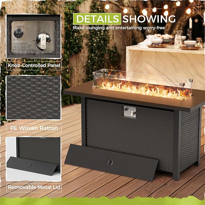 Crownland 8-Piece Outdoor Patio Furniture Sets with 45” Propane Gas Fire Pit Table, All-Weather Black Wicker Rattan Sectional Sofa with Coffee Table(Grey)