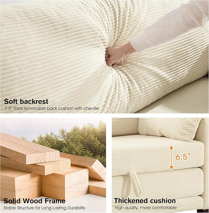 kakuboohi 51" Loveseat Sleeper Sofa Bed, Corduroy Convertible Floor Sofa Bed for Small Spaces, Folding Couch Bed with Deep Seat, 2 Pillows & Solid Frame, Pull Out Floor Couch for Living Room, Beige