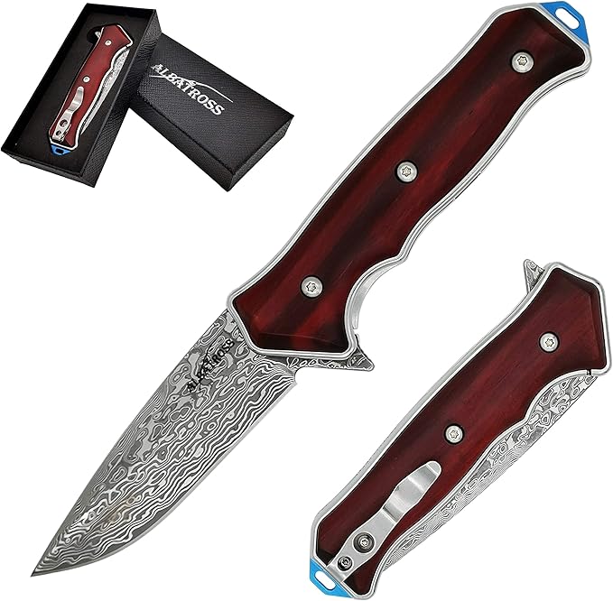 ALBATROSS Premium Damascus Folding Knife - EDC Pocket Knife with Cocobolo Wood Handle, 3.5" Blade, Liner Lock System - Out...