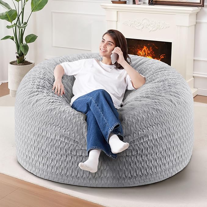 3FT Bean Bag Chair,Giant Bean Bag Chairs for Adults,Big Bean Bags with Memory Foam Filled, Large Beanbag Chairs with Chevron Plush Cover-Light Grey