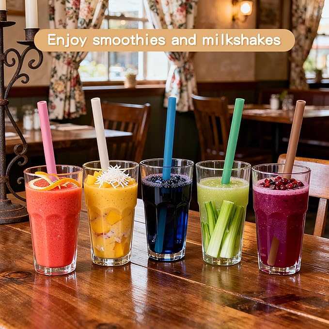 Silicone Straws Reusable – 18 Pack Extra Long Food Grade Rubber Straws with Cleaning Brush, Soft Flexible Silicone Reusable Straw for Smoothies, Coffee & 20oz 30oz Tumblers (Beige)