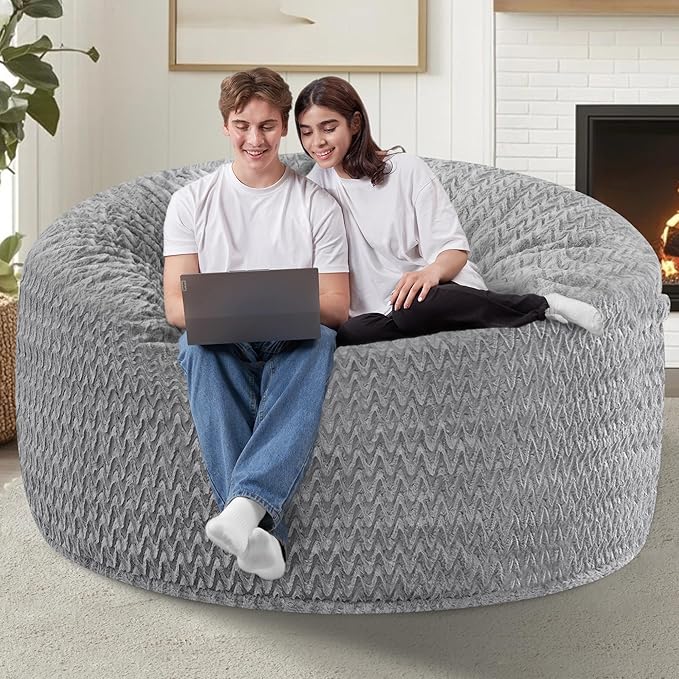 HABUTWAY 4FT Bean Bag Chair,Giant Bean Bag Chairs for Adults,Big Bean Bags with Memory Foam Filled, Large Beanbag Chairs with Chevron Plush Cover-Grey