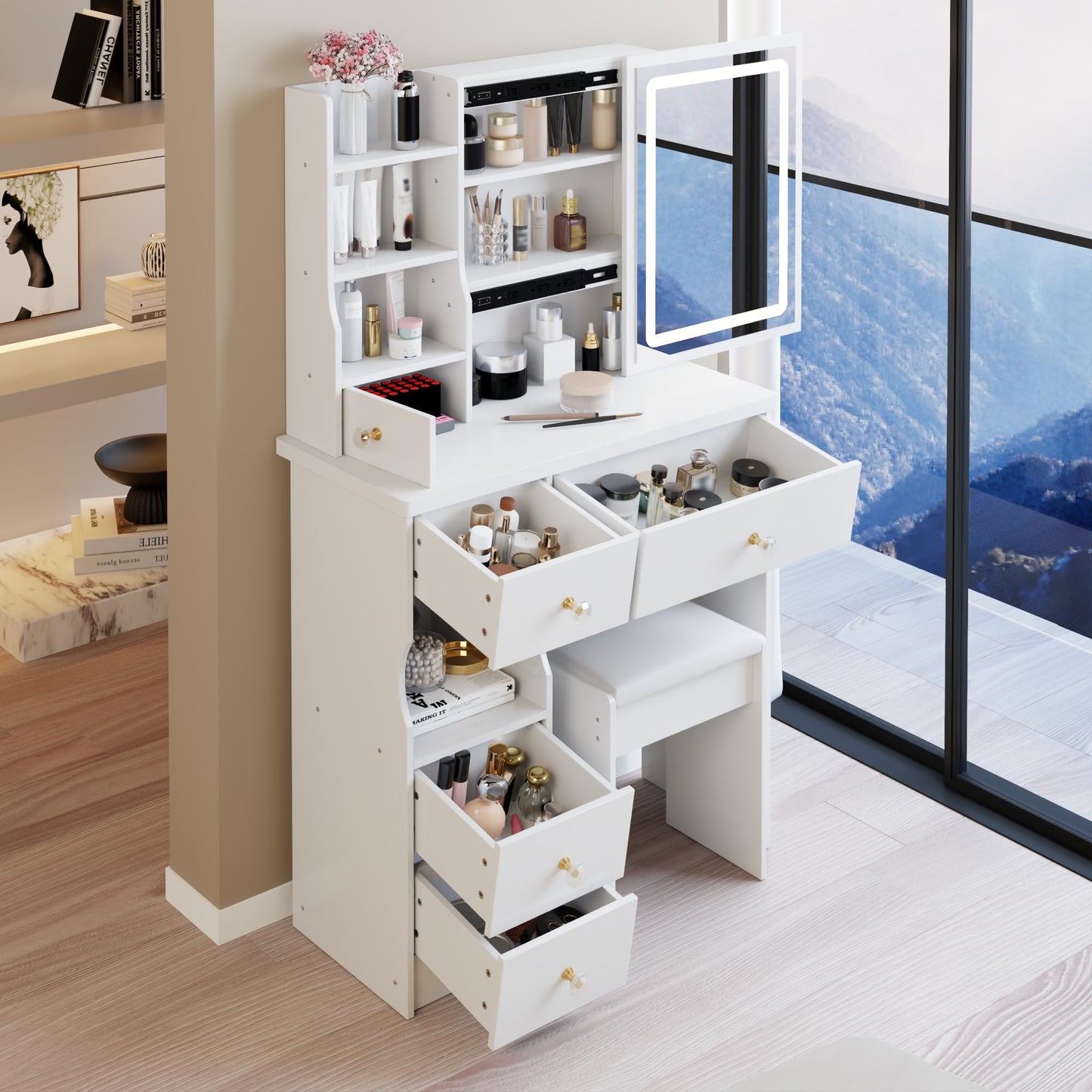 Zyerch Small Makeup Vanity Desk with Mirror and LED Lights, Small Vanity Desk with Storage Stool, 3-Mode Adjustable Lights, Compact Vanities with Storage Shelves Drawers，White