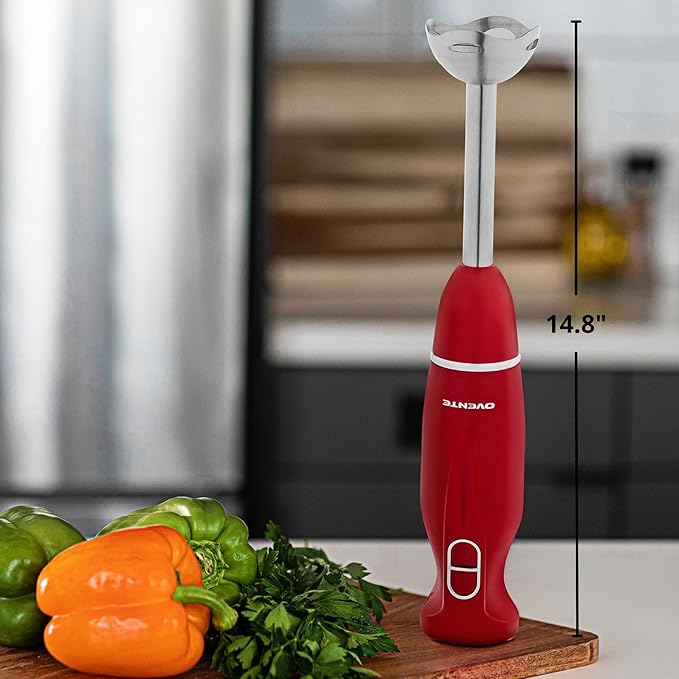 OVENTE Immersion Hand Blender, 300W Corded Electric Handheld Stick Mixer with 2 Mixing Speeds and Stainless Steel Blades for Smoothies, Purees & Baby Food, Red HS560R