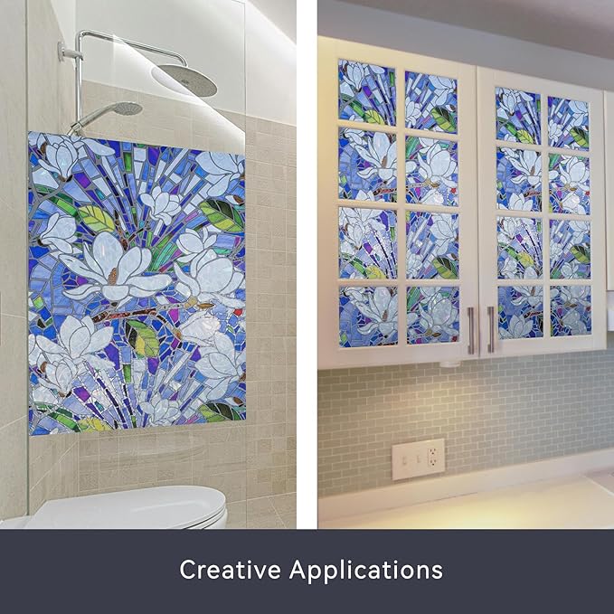 DKTIE Magnolia Pattern Stained Glass Window Film Floral Decorative Window Privacy Film with Rainbow Effect Front Door Bathroom Room Decor (S677, 35.4in X 78.7in)