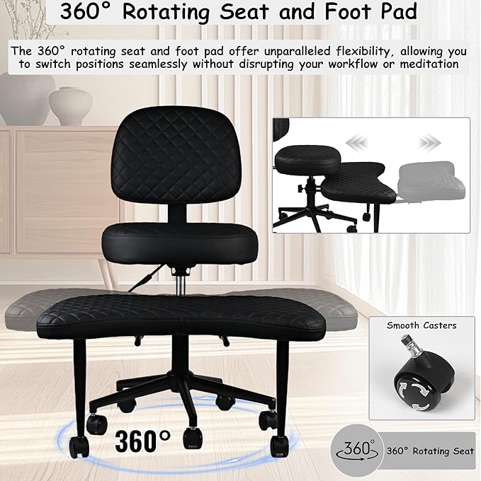 Meditation Chair Cross Legged Chair with Wheels Criss Cross Chair ADHD Desk Chair for Adults with Back Support Wide Squatting Kneeling Chair Adjustable Height for Office, Home, Yoga (Black)