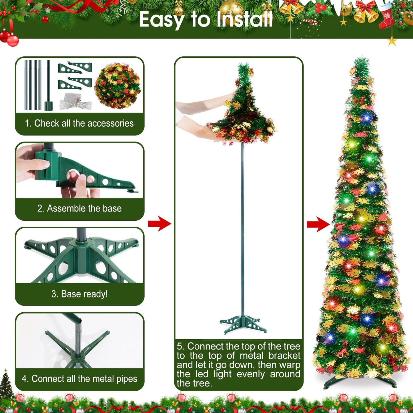 5Ft Pop Up Christmas Tree with Lights, Collapsible Pencil Tree Green Gold, Skinny Christmas Tree Slim Xmas Tree, Artificial Tinsel Tree Foldable for Home Apartment Holiday Party Winter Decor