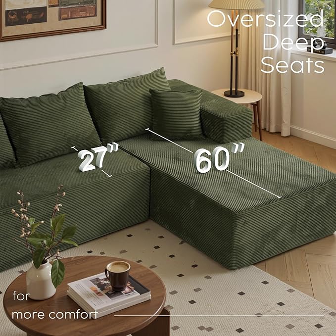 Green Cloud Couch Sectional Sofa in Box with L-Shape Chaise,Modern Modular Couches Upholstered with Deep Seat for Living Room,No Assembly Required