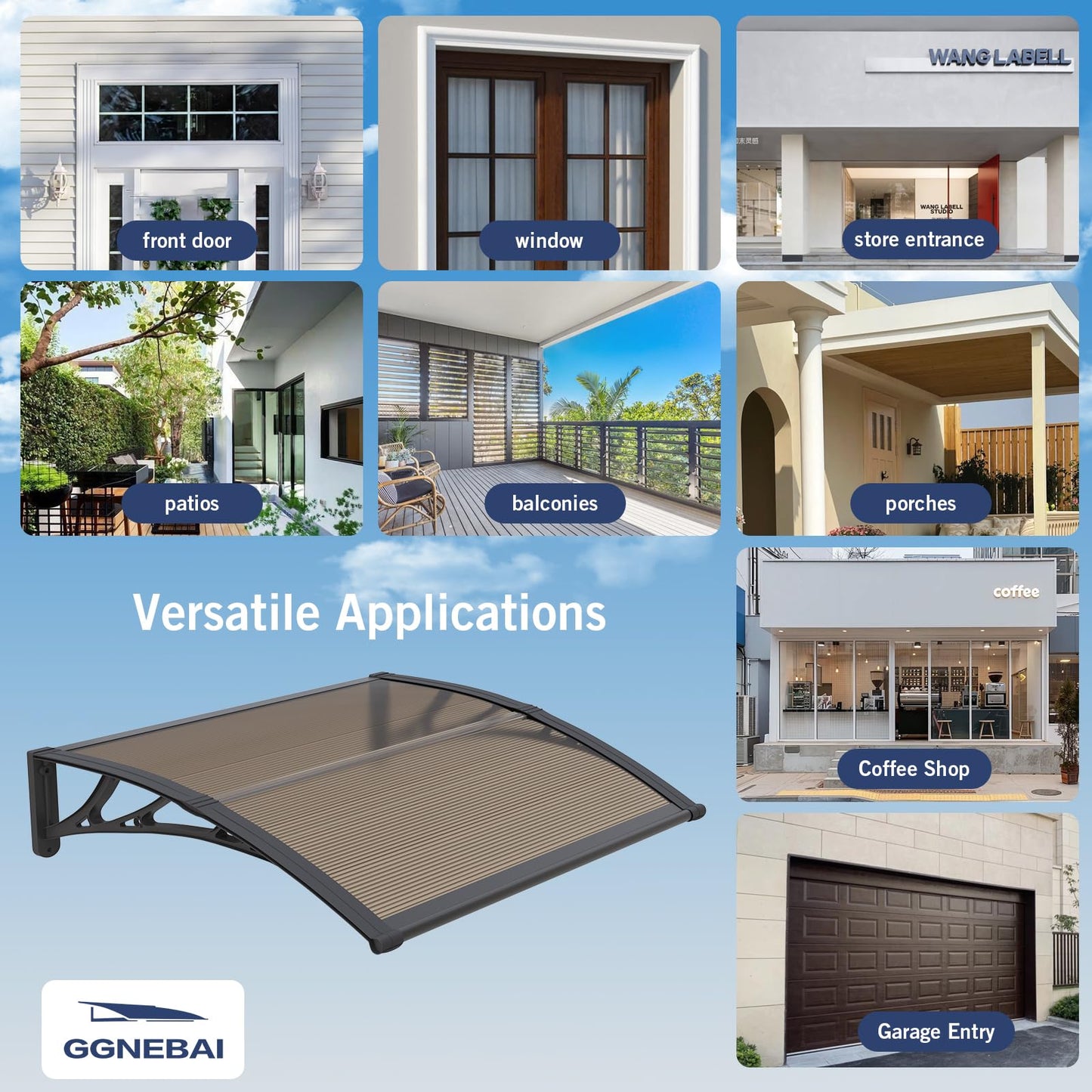 Awning for Door Entrance,40x60 Inches Window Awnings for Doors Canopy Polycarbonate Cover Patio Door Awning UV Rain Snow Sunlight Protection Hollow Shee