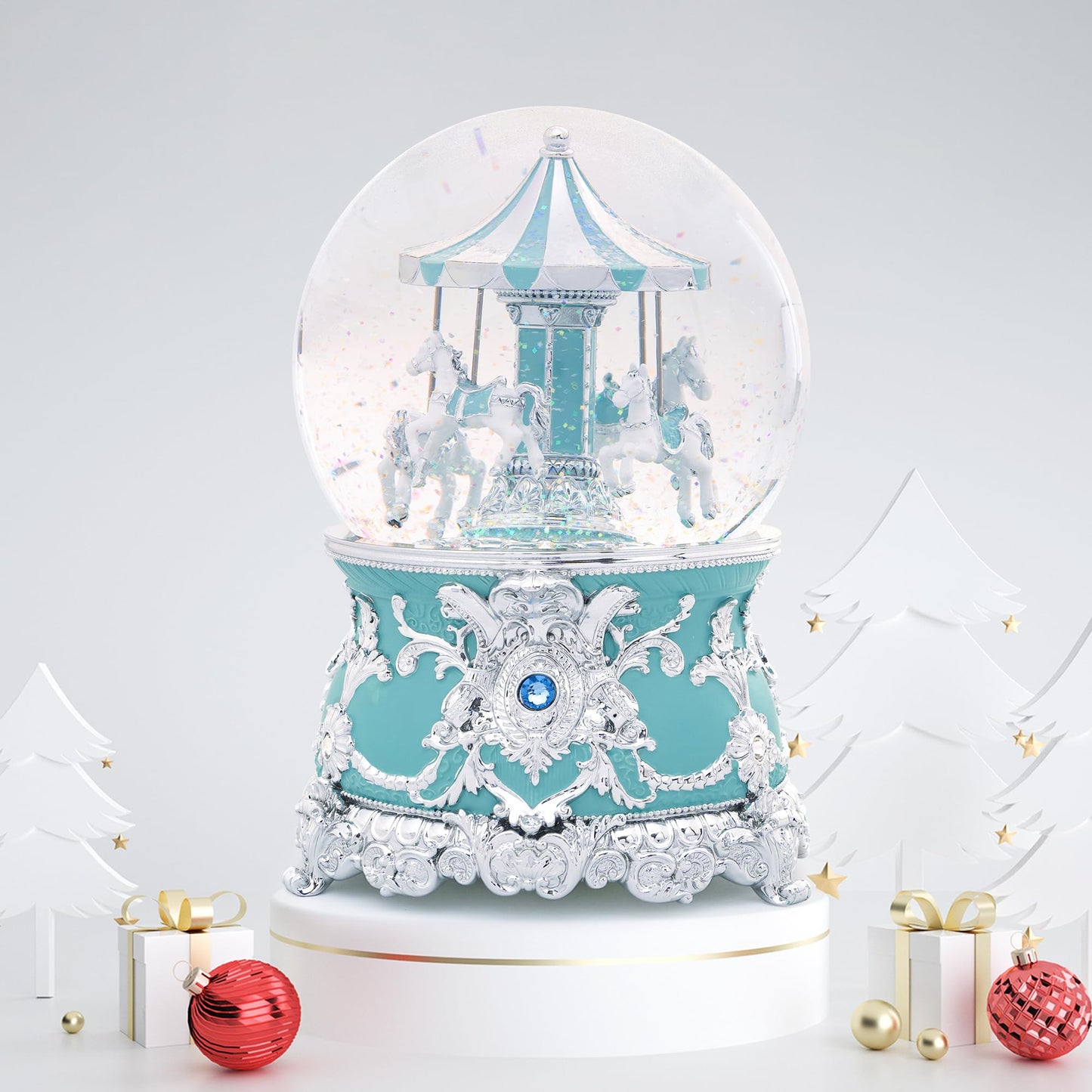Carousel Music Box Silver Mint Christmas Snow Globes, 7.1" Glass Rotate Carousel Snow Globe for Kids & Adults, Classic Wind up Musical Snow Globe Birthday Gifts, Carousel Horse Home Decor