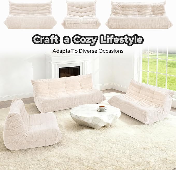 HABUTWAY Bean Bag Chairs Fireside Lazy Floor Sofa, Soft Teddy Fleece 3 Seater Sofa with High-Resilience Foam Filling，Beanbag for Living Room, Bedroom, Office (Beige Teddy)
