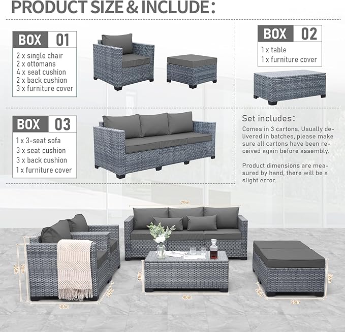 Lviden 6 Pieces Wicker Patio Furniture Sets Outdoor Conversation Set HDPE Rattan Sectional Sofa Couch with Storage Table and Grey Cushions