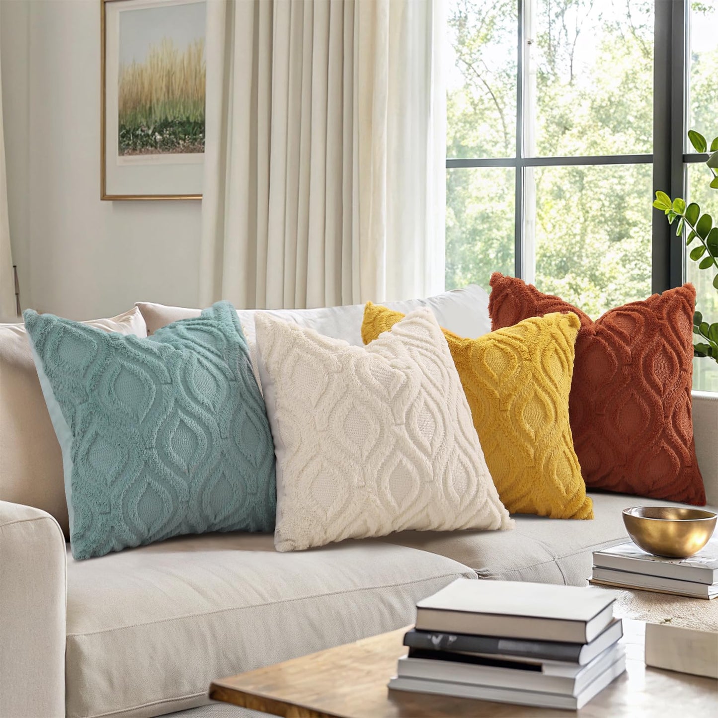 decorUhome Set of 4 Fall Throw Pillow Covers 18x18 Inch, Neutral Decorative Soft Plush Faux Wool Couch Pillow Covers, Farmhouse Pillow Cases for Sofa Bed Living Room Home Decor (Beige/Rust)