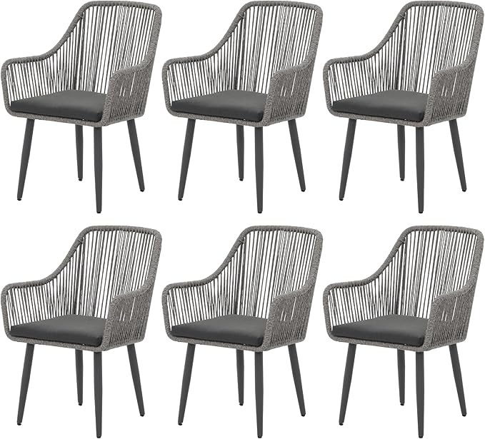 Patiorama Outdoor Dining Chairs, Patio Dining Chair Set of 6, All-Weather Woven Rope Rattan Chairs, Outdoor Dining Wicker Chairs with Armrests for Indoor Balcony Pool Backyard(Gray)