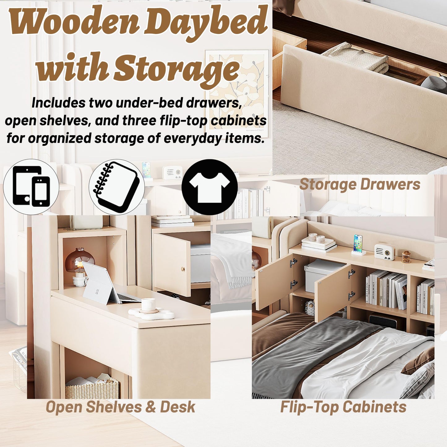 OYUMOENTS Twin Size Corner Bed, Corner Bed Frame Twin with Trundle & Shelves, Upholstered Daybed with USB & Outlet, No Squeaks for Kids Teens Adults, Beige