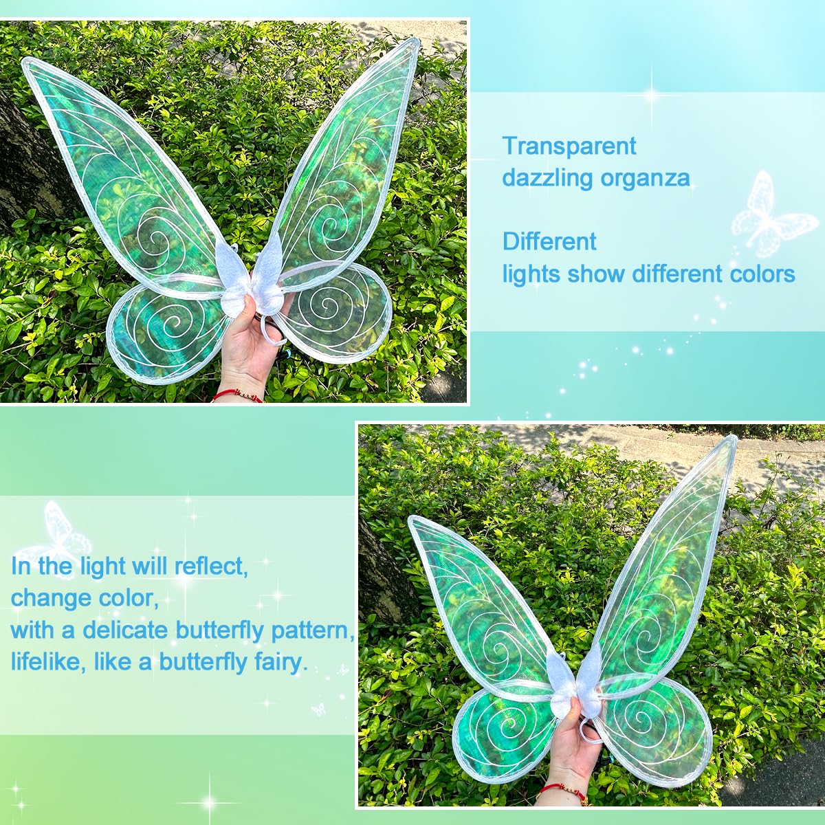 quescu 2Pcs Fairy Wings for Adults,Butterfly Wings for Girls Women,Halloween Costume Sparkle Angel Wings Dress Up Party Favor (White+White)