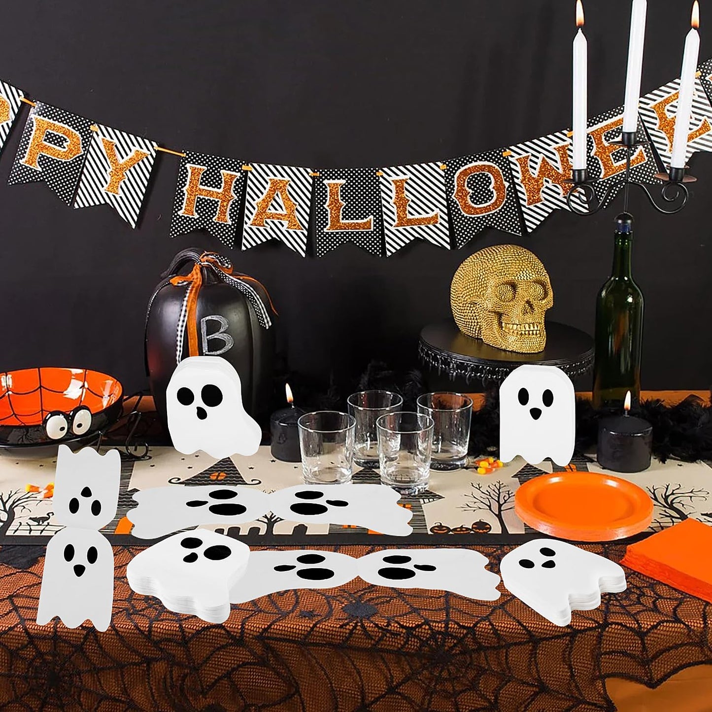 KIMOBER 100PCS Halloween Napkins 2-Ply White Ghost Folded Paper Napkins Disposable Halloween Cocktail Napkins for Party Favor Supplies