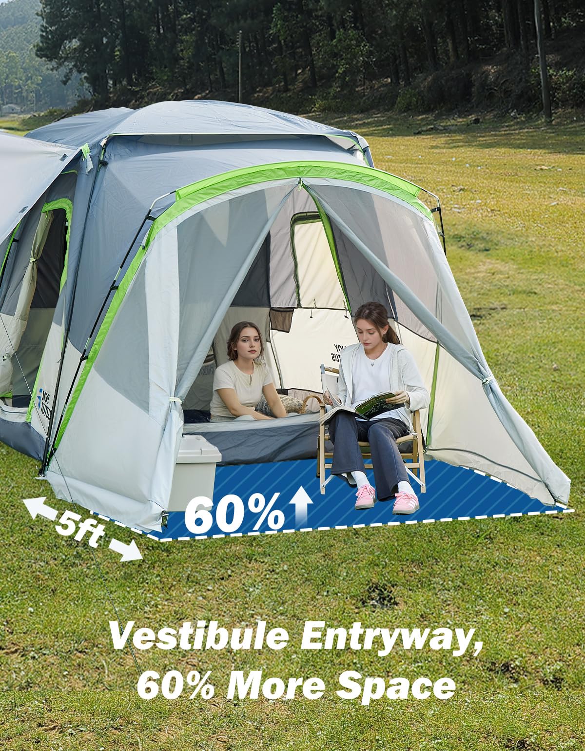 JOYTUTUS SUV Tent with Screen Porch, Rainfly and Awning for Family Camping, 60% More Space Car Tent for 5-9 Person, Dual-Use Camping Tent with 2 Rooms, Double Door, Starry Sky Roof, Gray Green