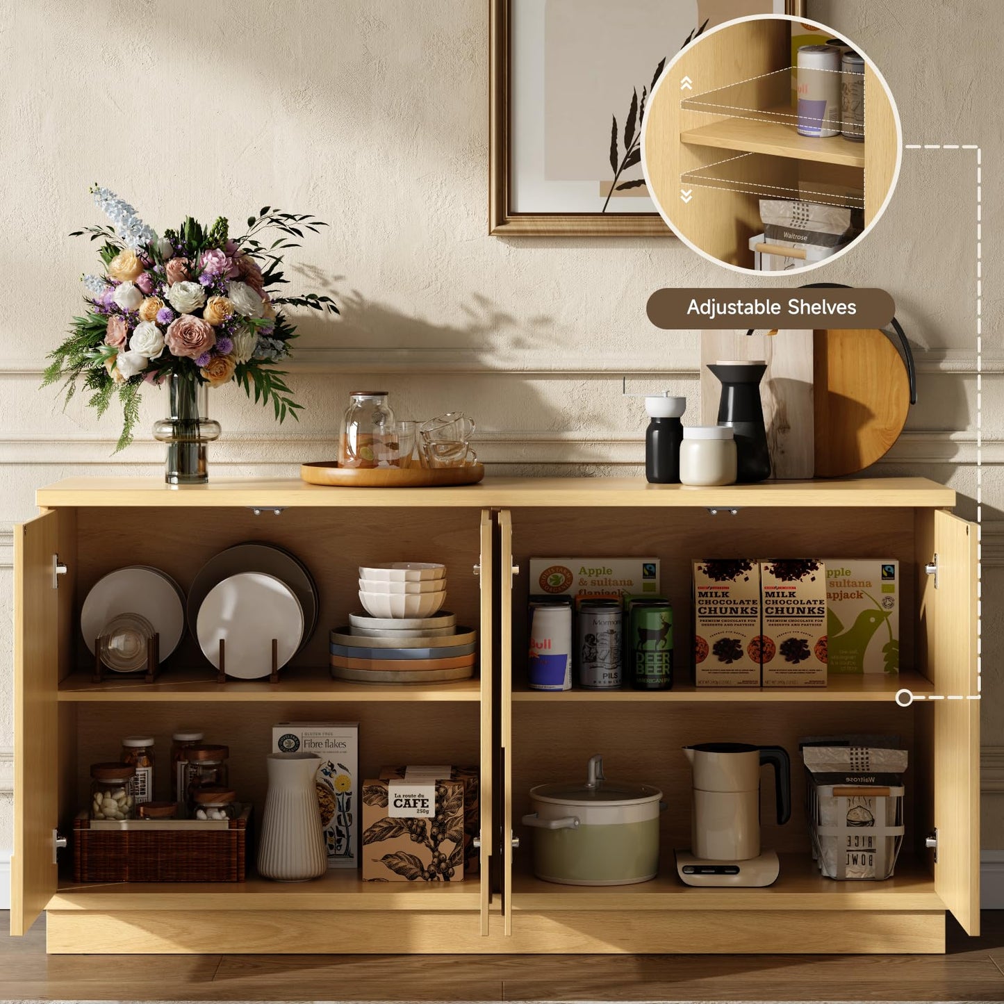 ONBRILL Modern 59" Sideboard Buffet Cabinet with Storage, Arched Finish Kitchen Storage Cabinet,Coffee Bar Console Table with 4 Doors and Adjustable Shelves for Living Room, Hallway, Natural