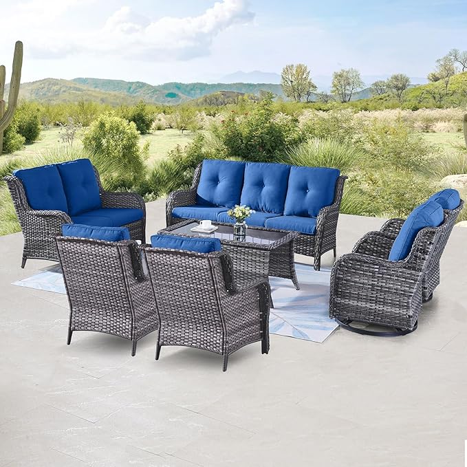 Belord Outdoor Wicker Furniture Patio Set - 7 Piece Backyard Furniture Grey Rattan Conversation Sets with Swivel Rocker Chairs, Rattan Sofa, Club Chairs and Coffee Table, Blue Cushion