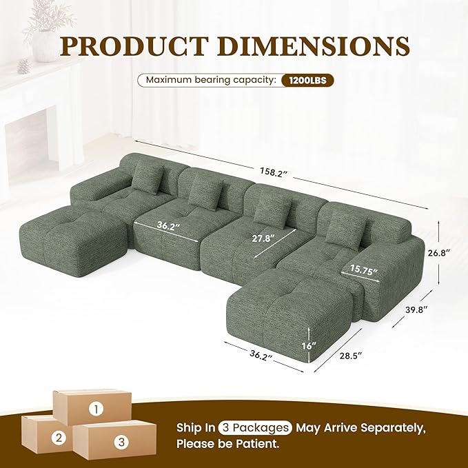 158" U Shaped Convertible Modular Couch, Cloud Couch Sectional with Ottoman, 6-Seater Chenille Boneless Couches for Living Room, Apartment, No Assembly, Green 1PCS